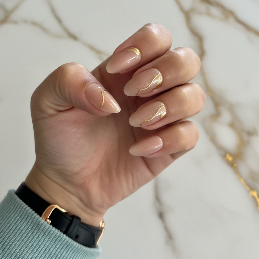 Nude nails with gold foil - adjusted brightness