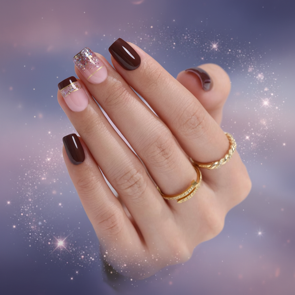 Square Burgundy Glitter Nails