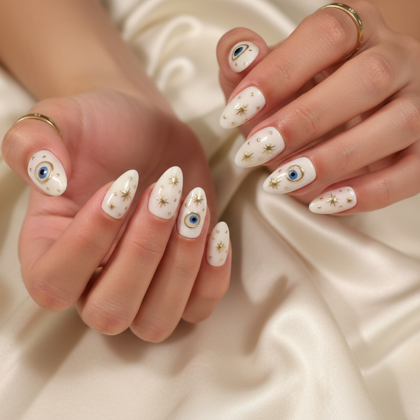 White evil eye nails - luxury cream silk